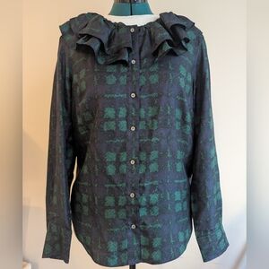 J. Crew Silk Twill Ruffled Green/Blue/Black Women's Top
